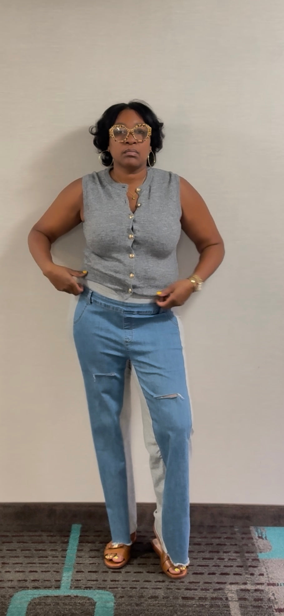Pants with combo denim and sweat material