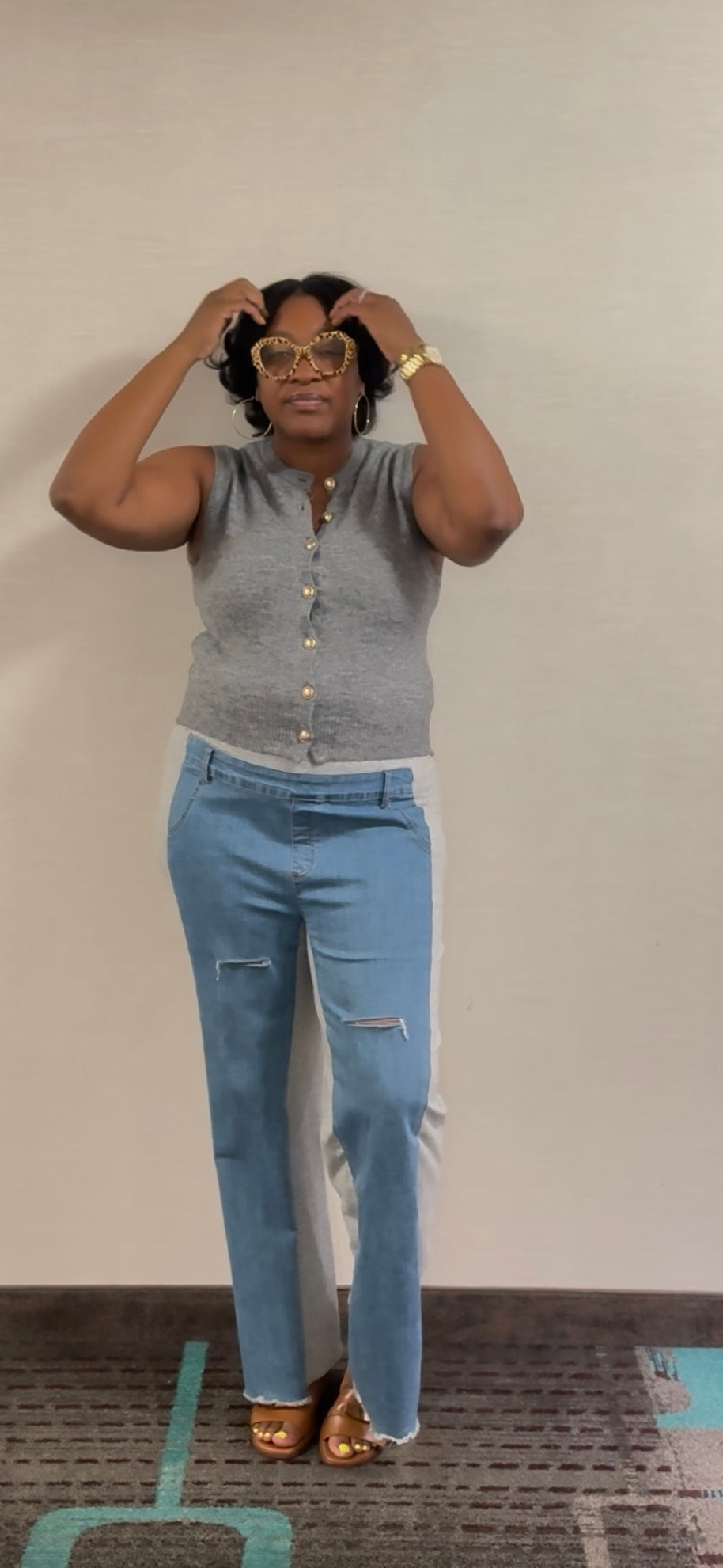 Pants with combo denim and sweat material
