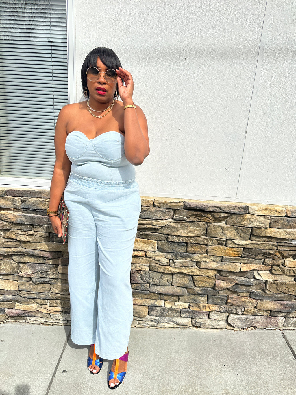 Denim Two Piece Pants Set