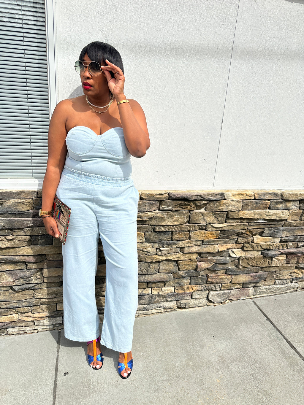Denim Two Piece Pants Set