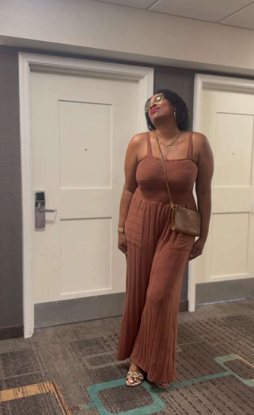 Ribbed Smocked Lightweight Camel Jumpsuit