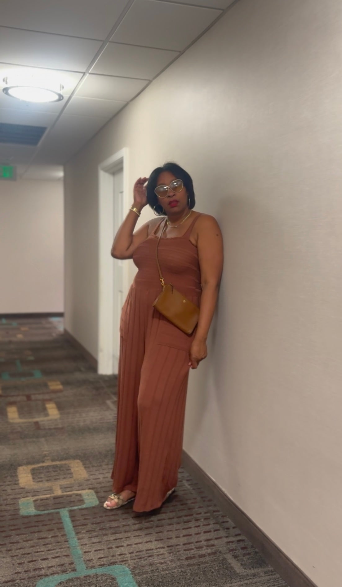 Ribbed Smocked Lightweight Camel Jumpsuit