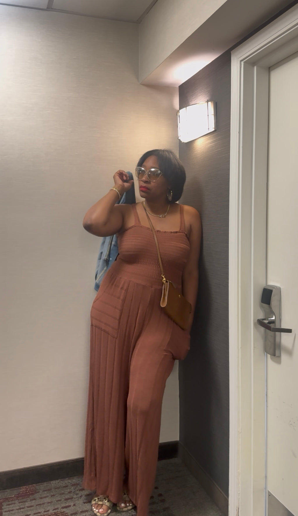 Ribbed Smocked Lightweight Camel Jumpsuit