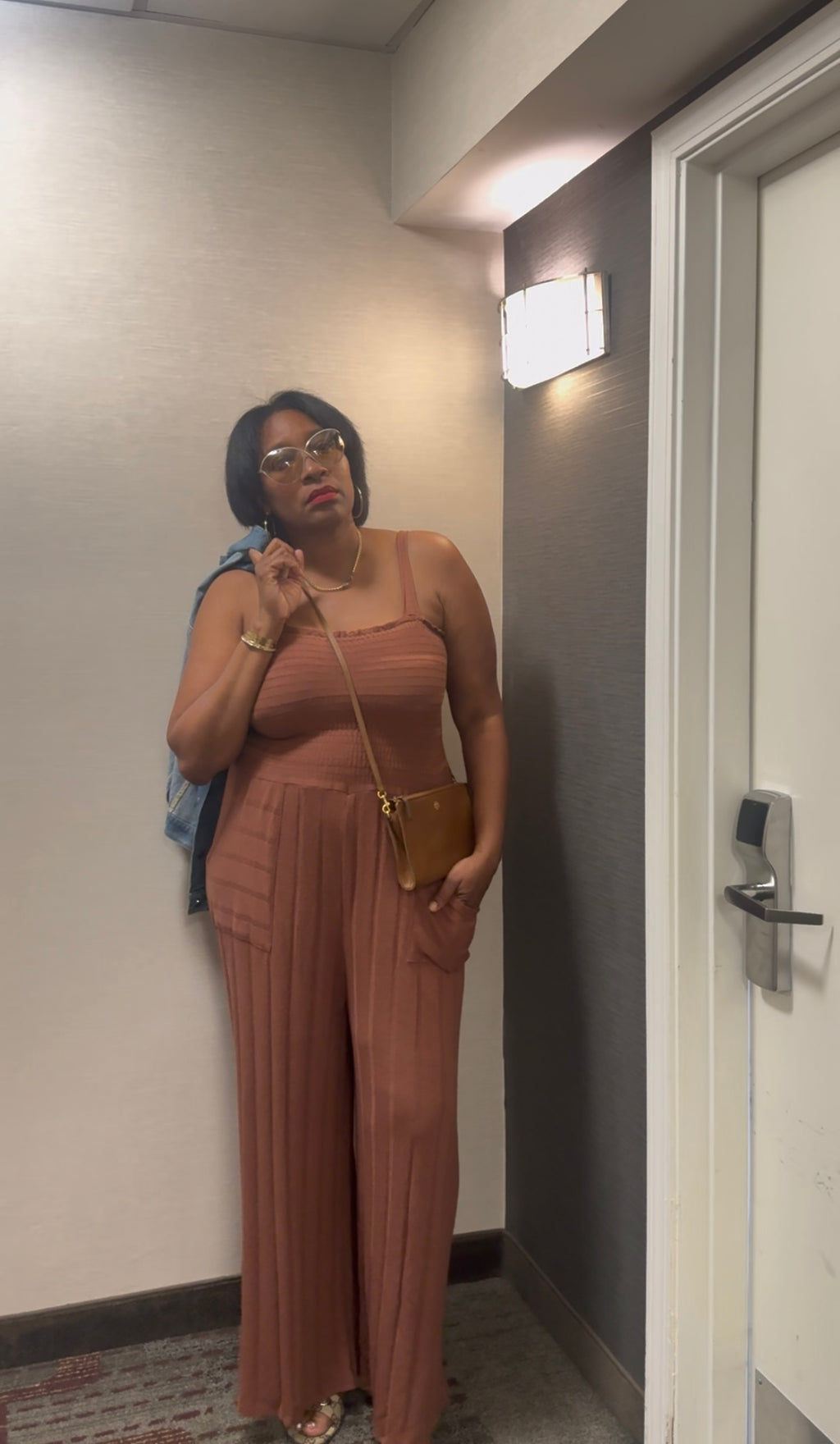 Ribbed Smocked Lightweight Camel Jumpsuit
